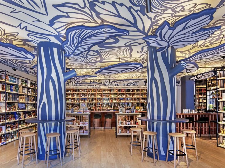 a bar with a blue and white tree design