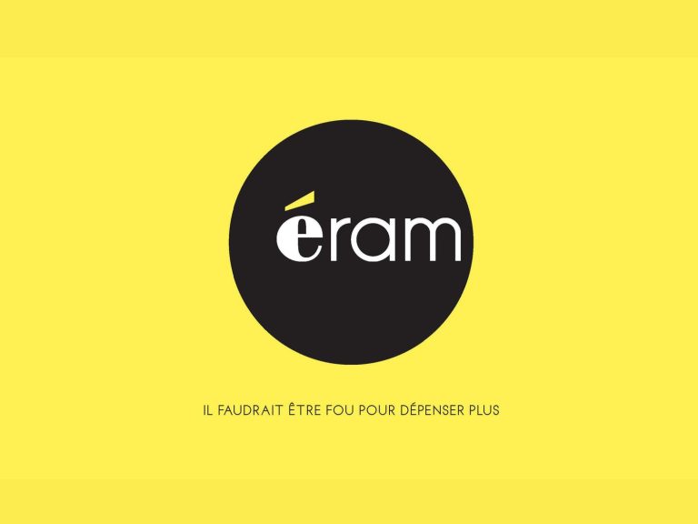 a black circle with white text ERAM